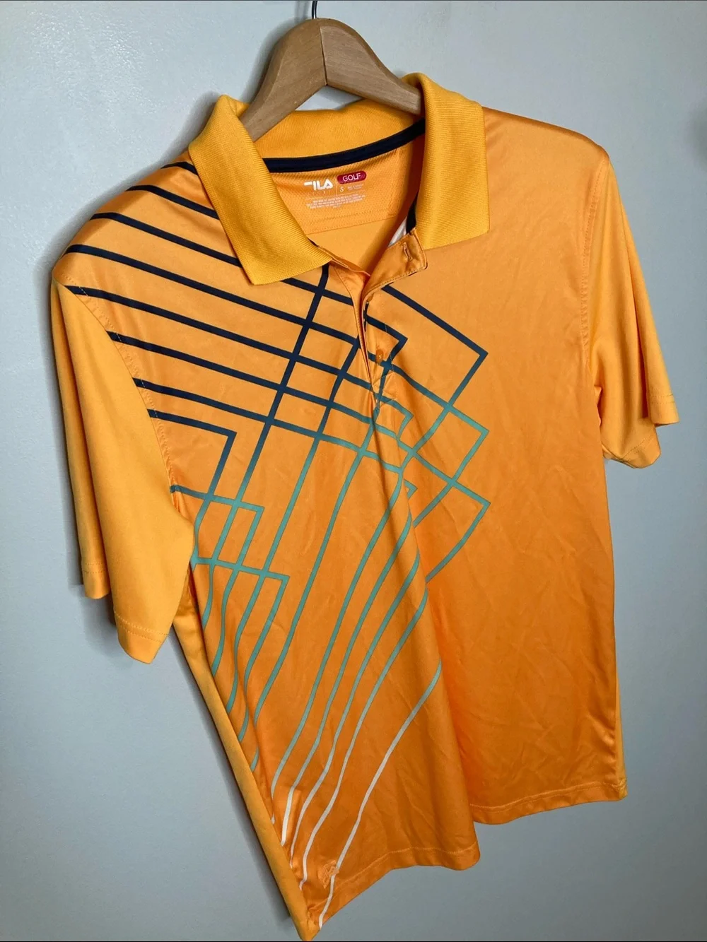 Fila Golf Men's Small Bright Orange Polo with Geometric Stripe Graphic in Blue